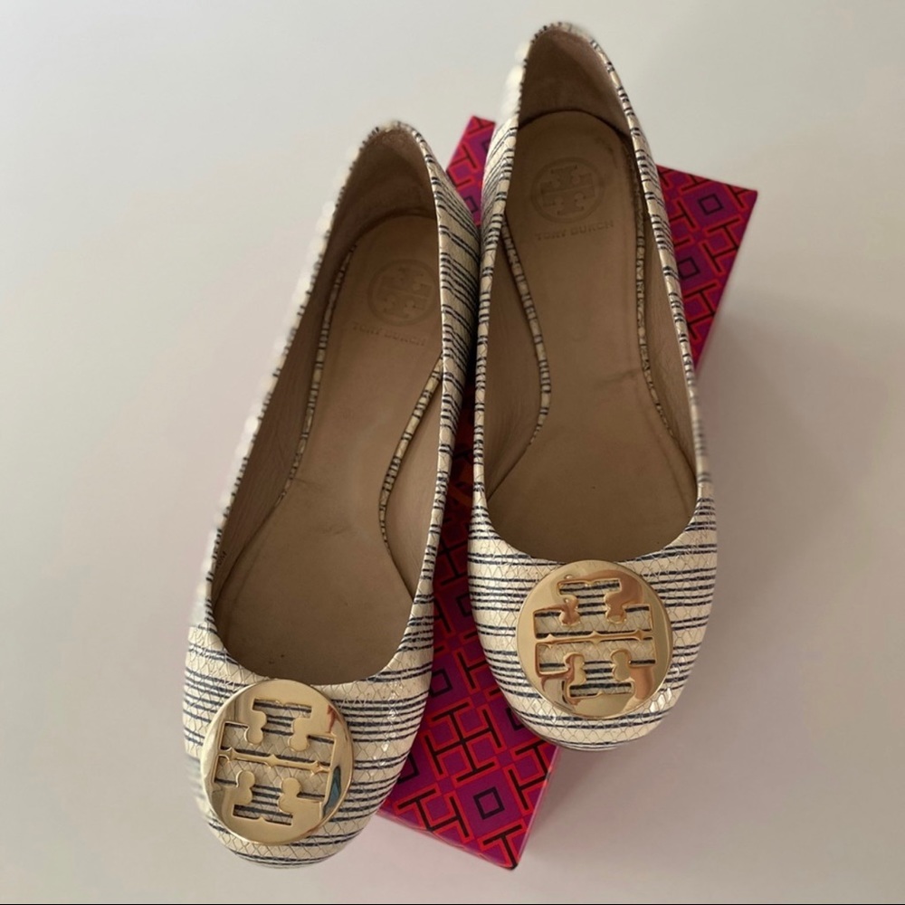 Auth Striped Tory Burch Reva Ballet Flat